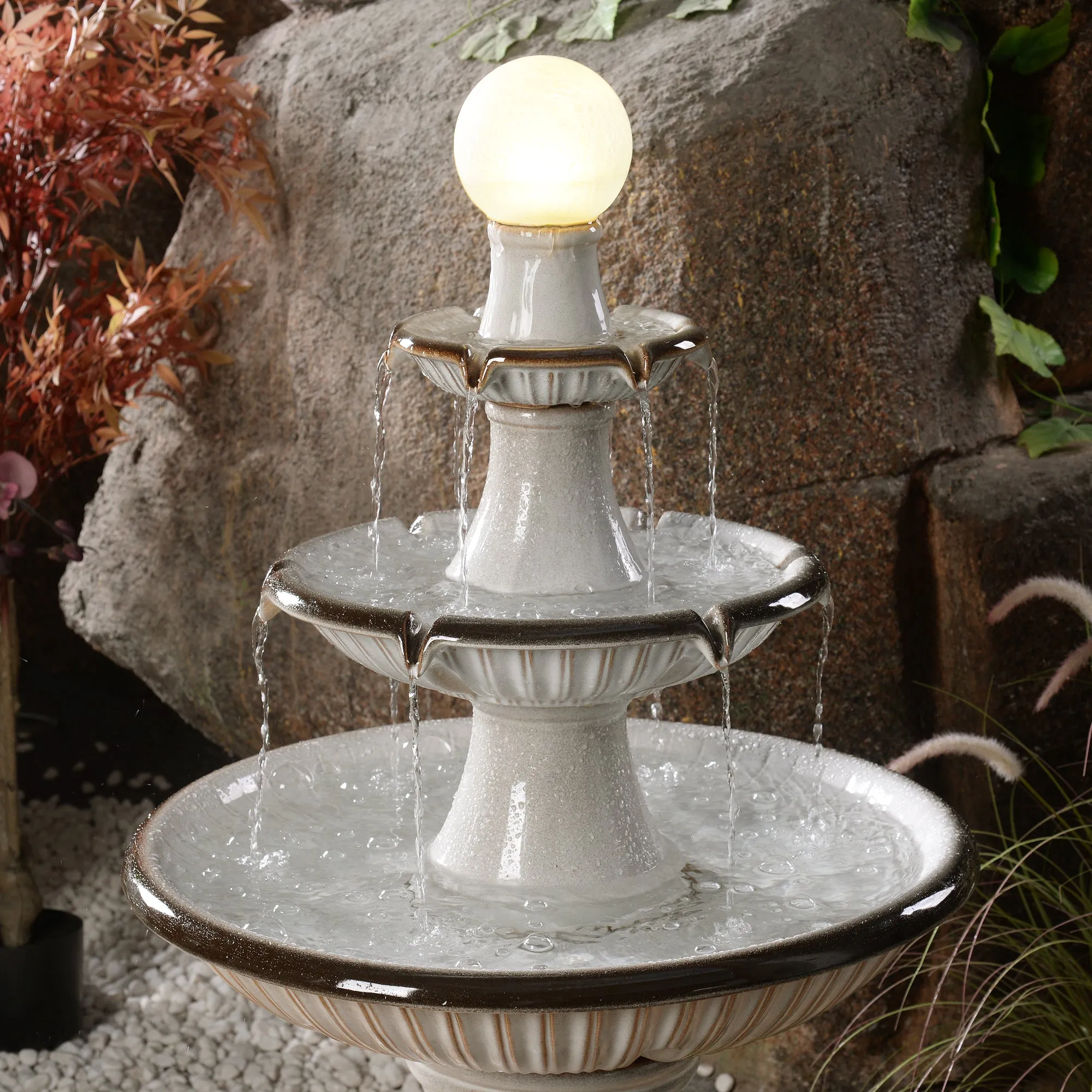 79586-06-IV -  3 Tier Ceramic Fountain with Lights - Ivory Elegance