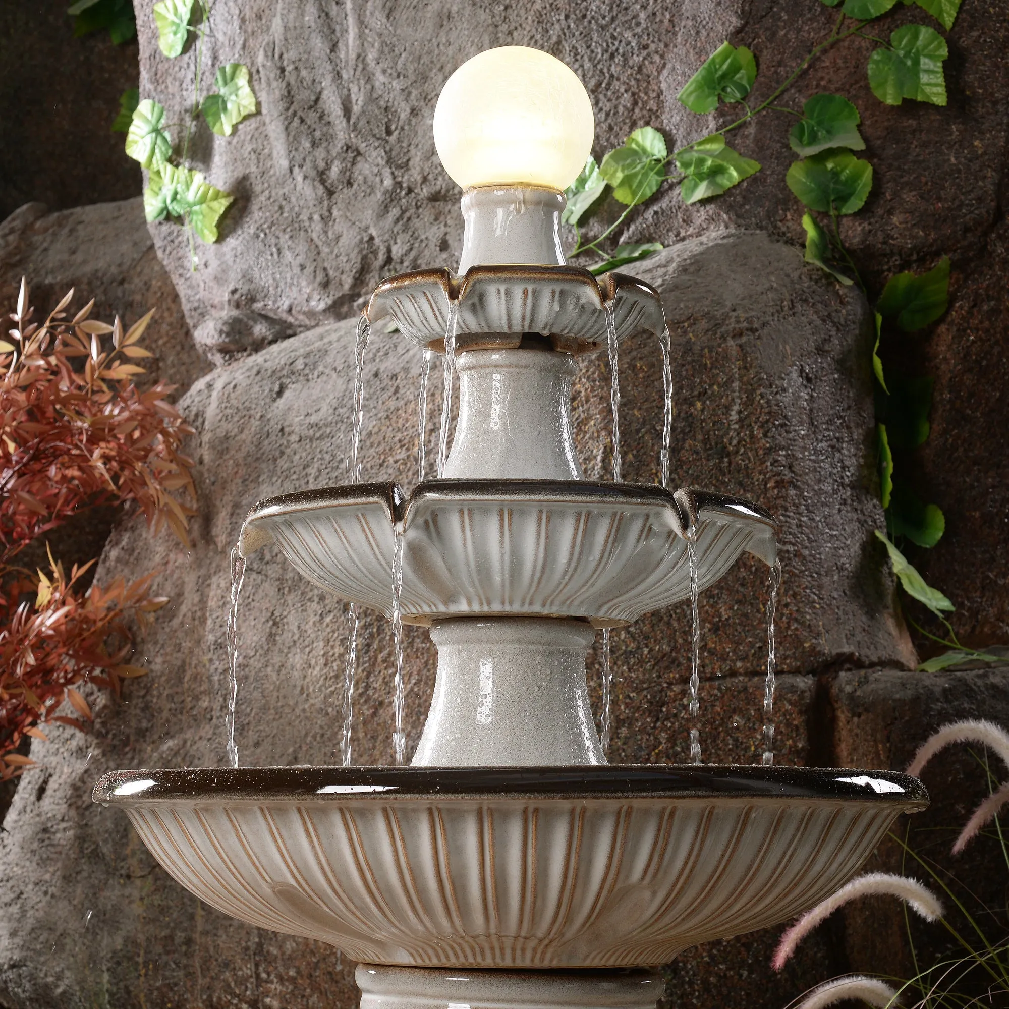79586-06-IV -  3 Tier Ceramic Fountain with Lights - Ivory Elegance