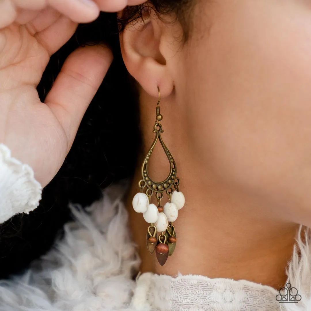 Adobe Air Brass & White Stone Earrings - Paparazzi Accessories