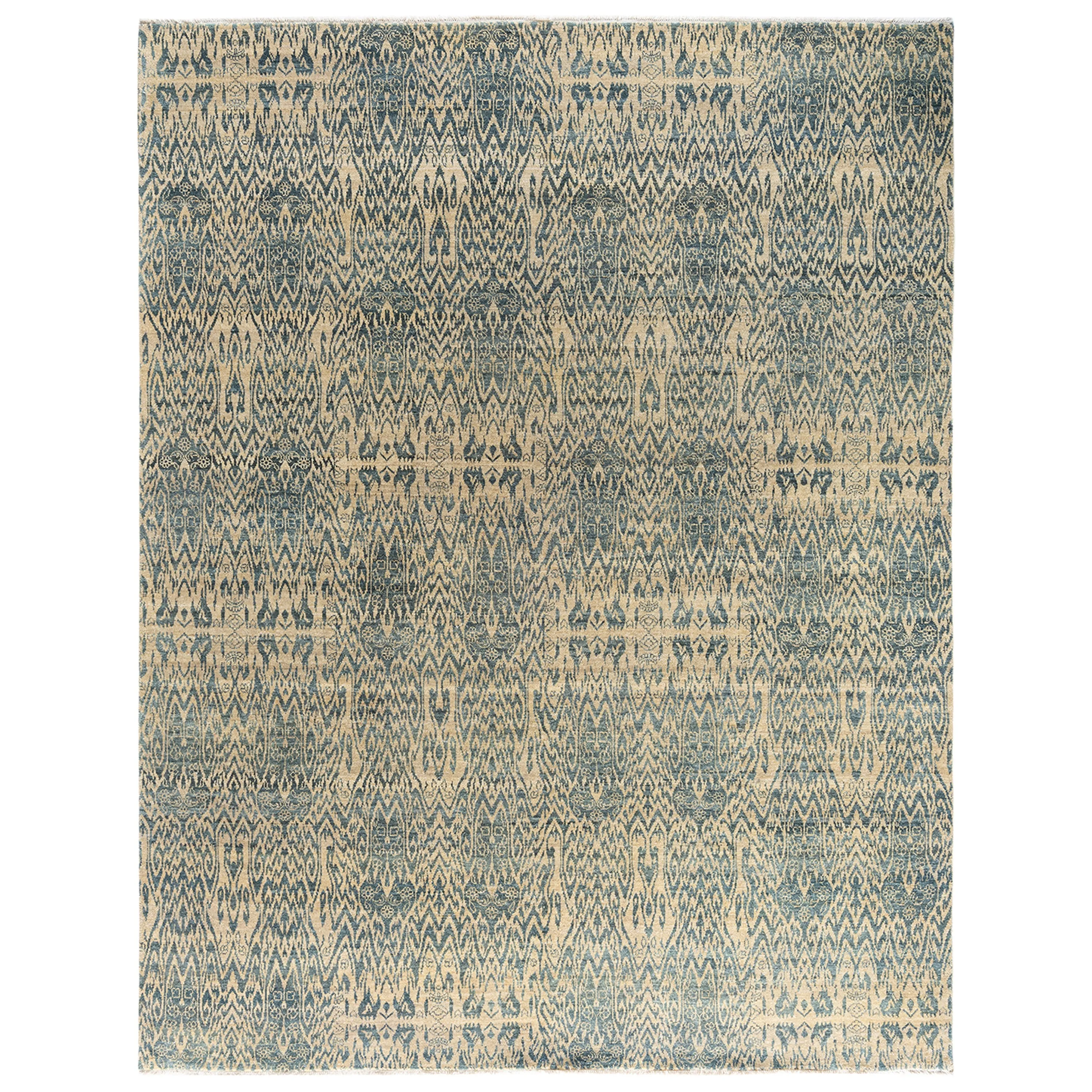 Blue Traditional Ikat Wool Rug - 7'10" x 10'1"