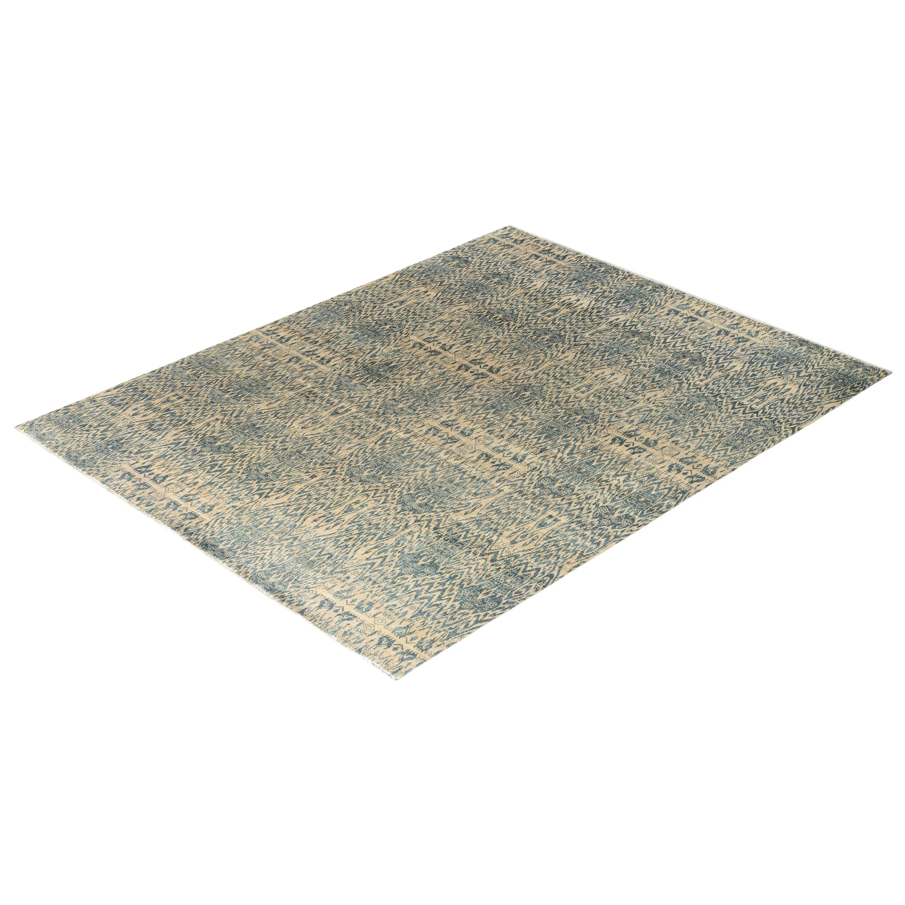 Blue Traditional Ikat Wool Rug - 7'10" x 10'1"