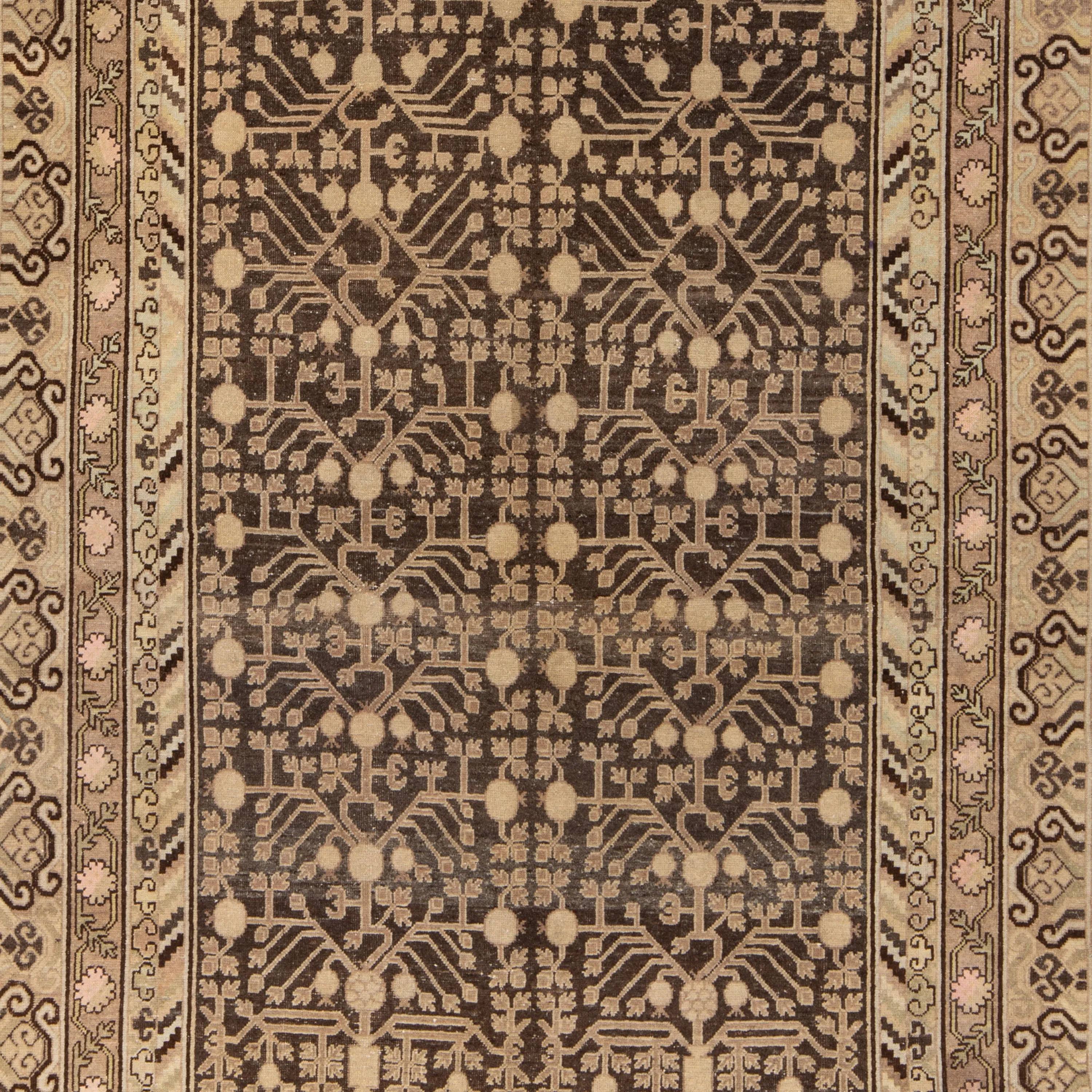 Brown Vintage Traditional Khotan Wool Rug - 5'6" x 11'3"