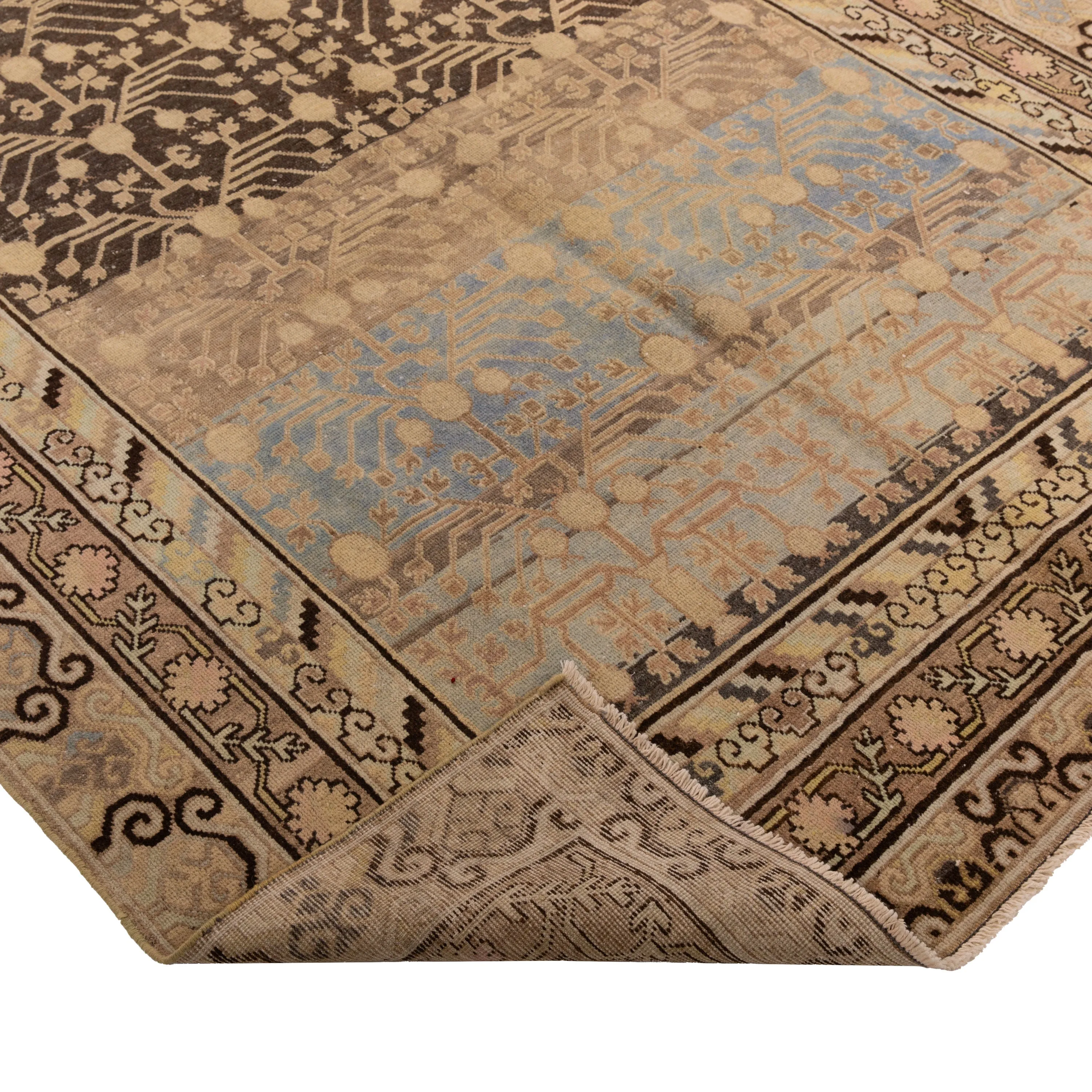 Brown Vintage Traditional Khotan Wool Rug - 5'6" x 11'3"