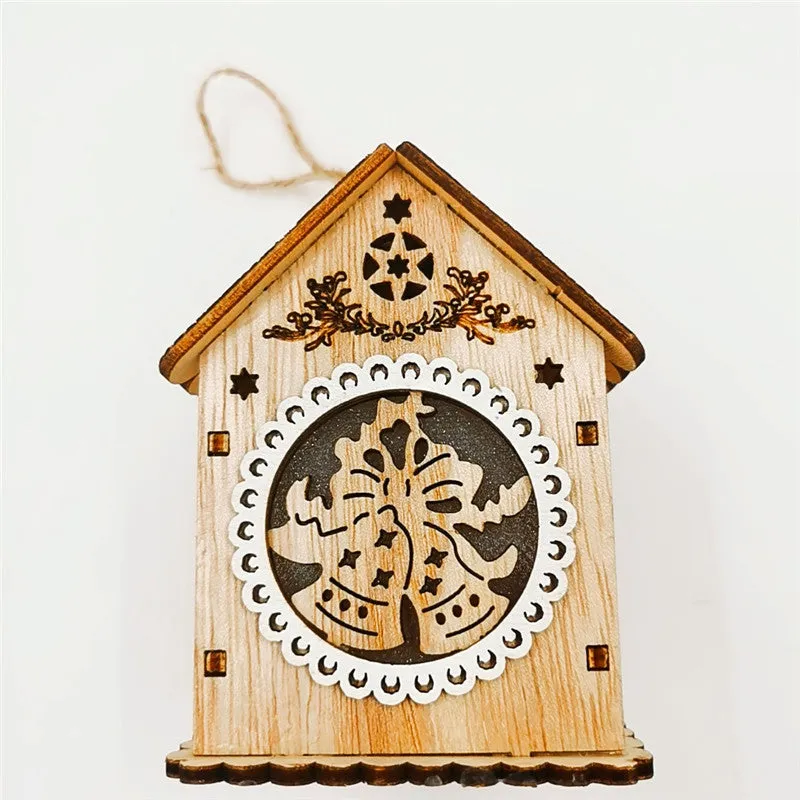 Bulk Christmas Ornaments Glowing Cabins with Hollow-Carved Santa Claus Snowman Elk Bell Xmas Scene Decorations for Tabletop Wholesale