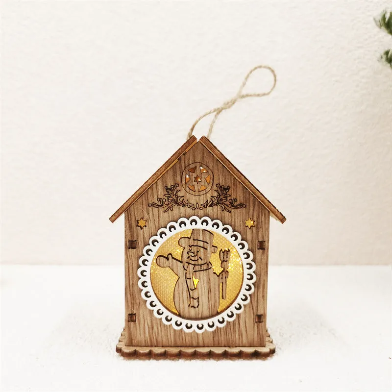 Bulk Christmas Ornaments Glowing Cabins with Hollow-Carved Santa Claus Snowman Elk Bell Xmas Scene Decorations for Tabletop Wholesale