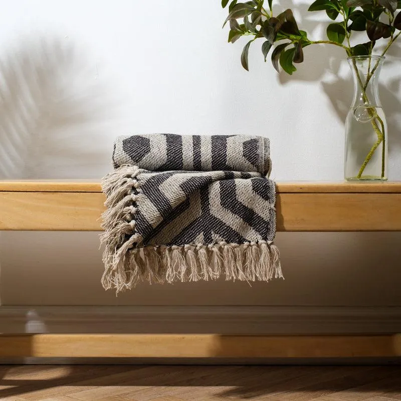 Cotton Bay Fringe Throw Geometric - Black