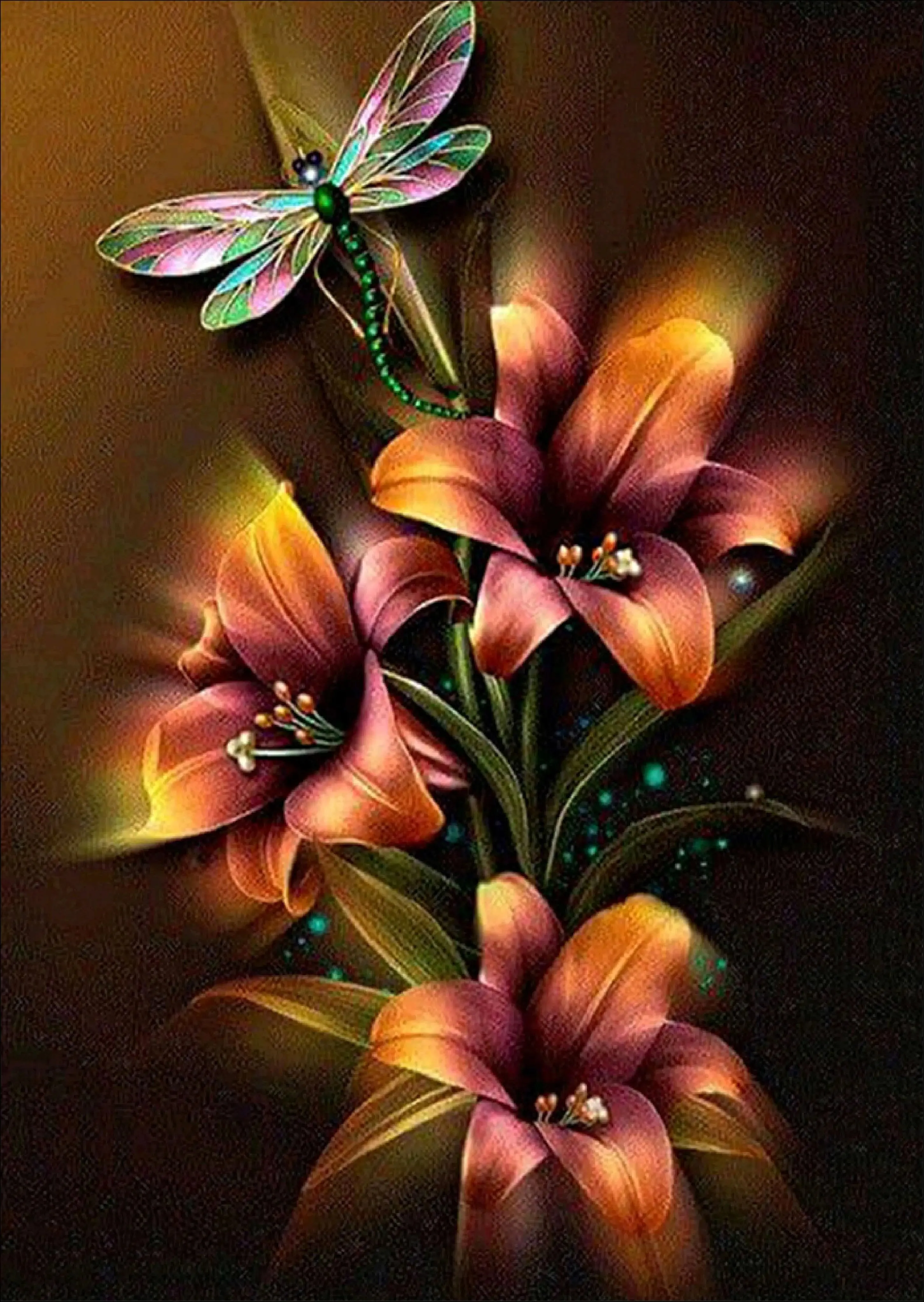 Dragonfly Flower - Floral Diamond Painting, Full Round/Full Square 5D Diamond Embroidery