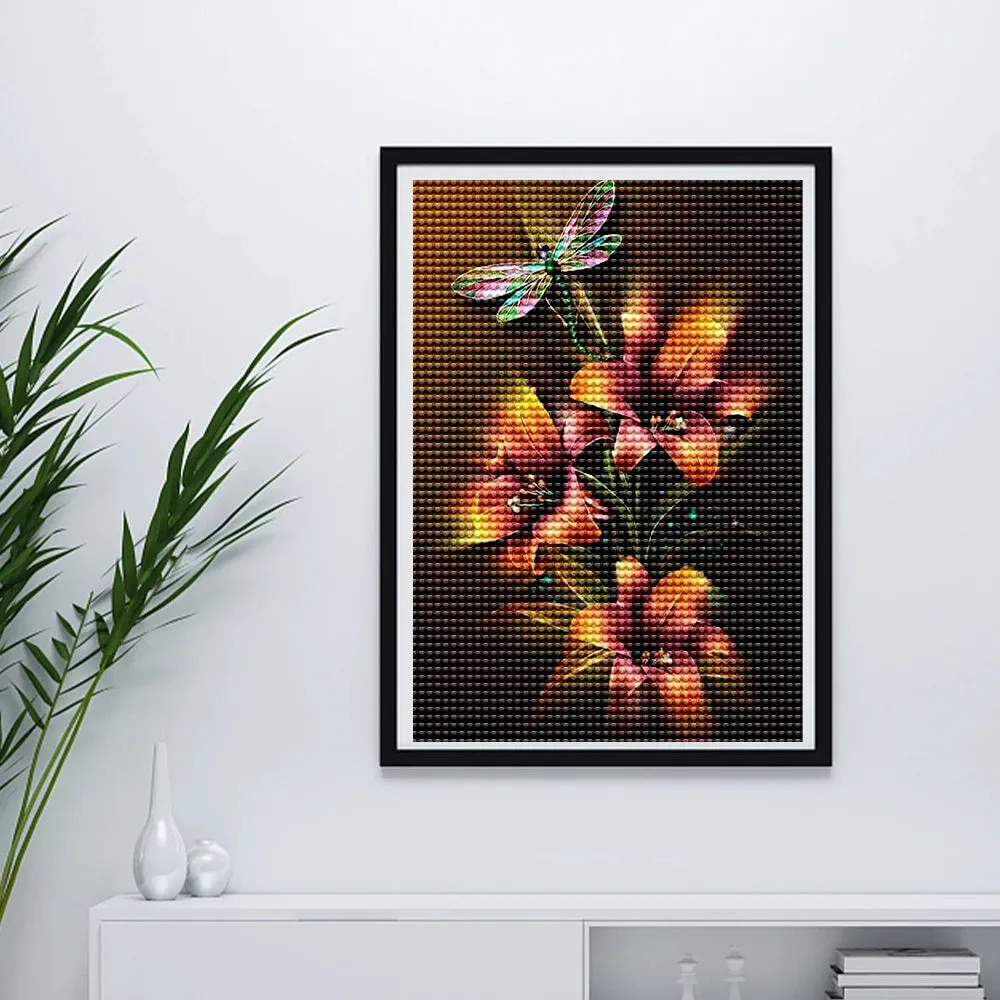 Dragonfly Flower - Floral Diamond Painting, Full Round/Full Square 5D Diamond Embroidery