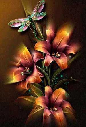 Dragonfly Flower - Floral Diamond Painting, Full Round/Full Square 5D Diamond Embroidery