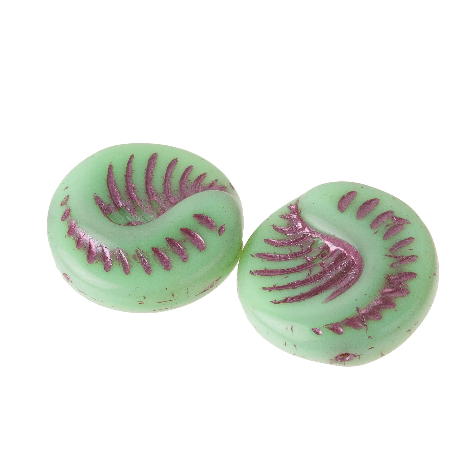 Fancy shell fossil bead.  Czech pressed glass.  19x7mm.  B11-GR-2069