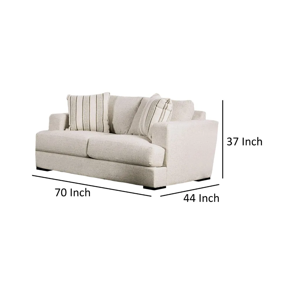 Flin Loveseat with 2 Striped Accent Pillows, 70 Inch, Soft Beige Chenille By Casagear Home