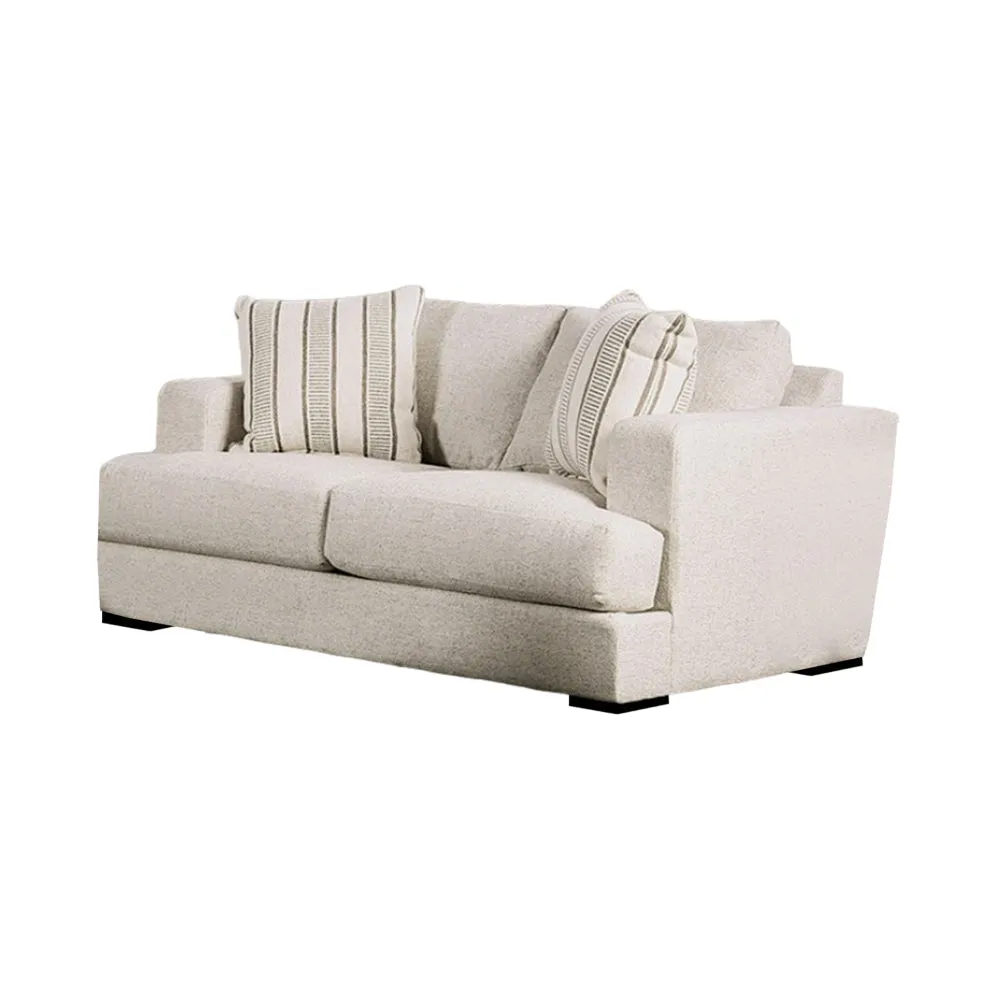 Flin Loveseat with 2 Striped Accent Pillows, 70 Inch, Soft Beige Chenille By Casagear Home
