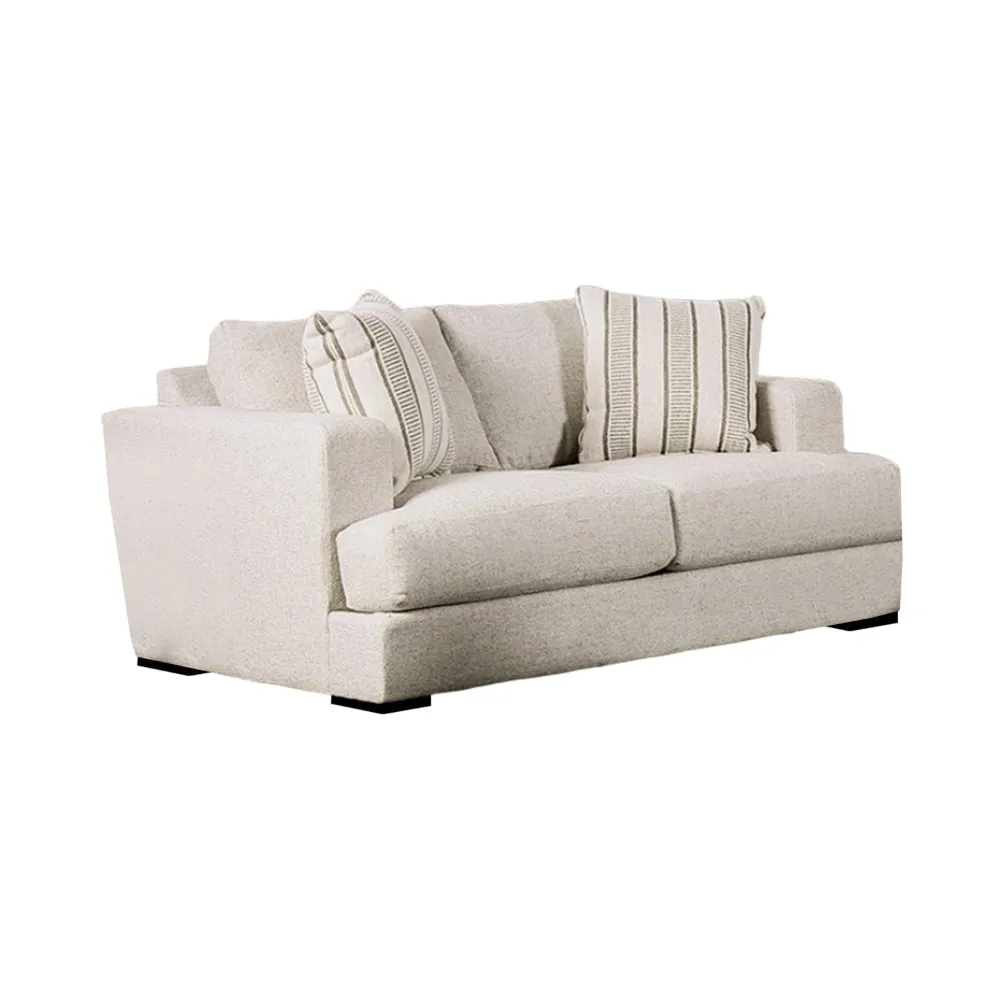 Flin Loveseat with 2 Striped Accent Pillows, 70 Inch, Soft Beige Chenille By Casagear Home
