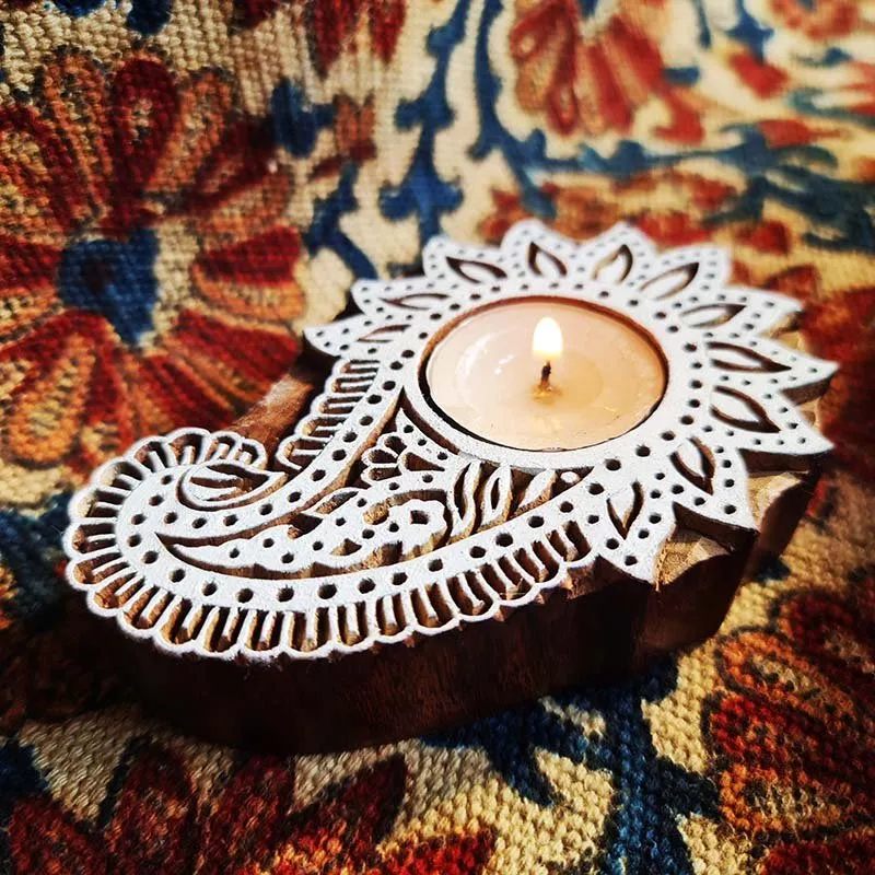 Flower Inspired Hand Engraved Wood Tealight Holder