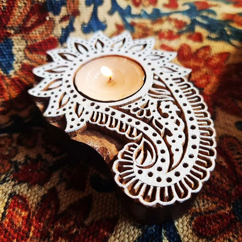Flower Inspired Hand Engraved Wood Tealight Holder