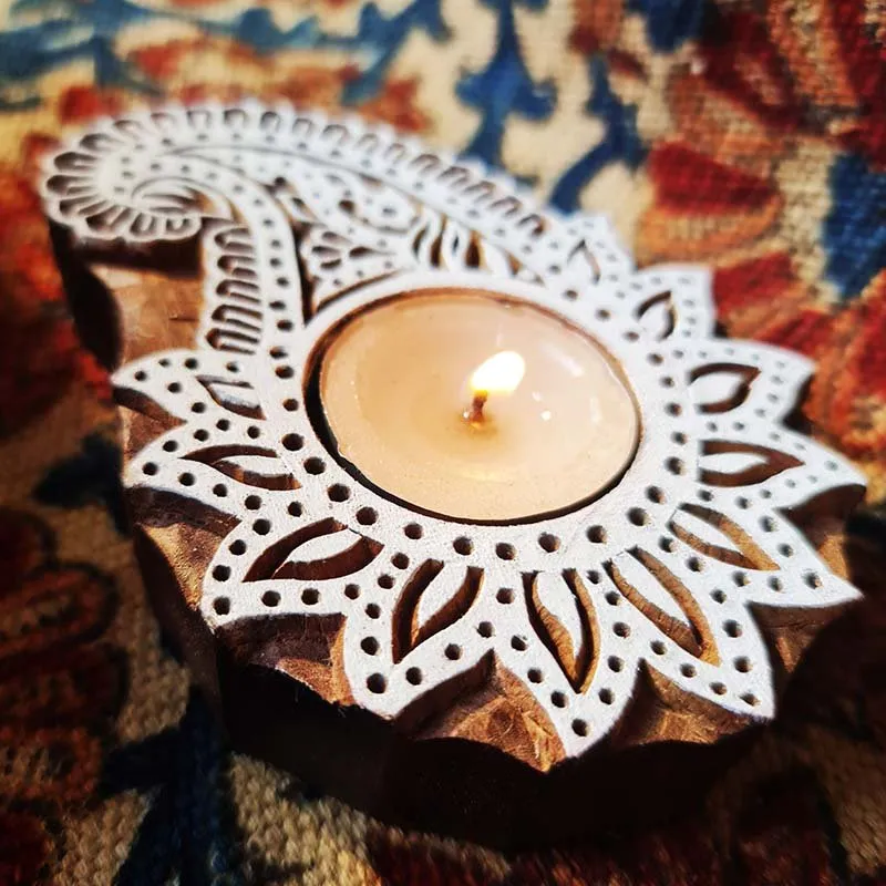Flower Inspired Hand Engraved Wood Tealight Holder