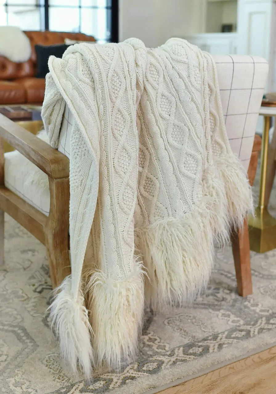Ivory Knit Mongolian Trim Faux Fur Throw - 60X72