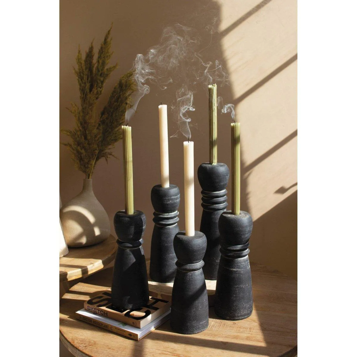 Kalalou - SET OF FIVE BLACK CLAY TAPER HOLDERS - H4292