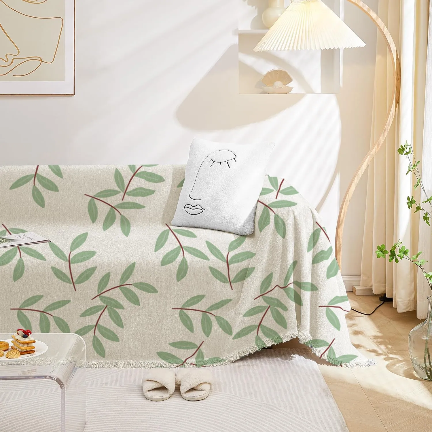 Lukzer Multi-Functional Chenille 2 Seater Sofa Throw Blanket with Fringes Thick and Super Soft Decorative Couch Cover Bed Protector (Green Easter Leaf/180X230cm)