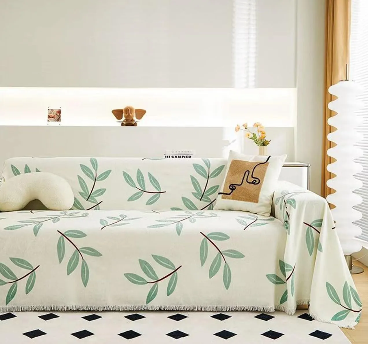 Lukzer Multi-Functional Chenille 2 Seater Sofa Throw Blanket with Fringes Thick and Super Soft Decorative Couch Cover Bed Protector (Green Easter Leaf/180X230cm)