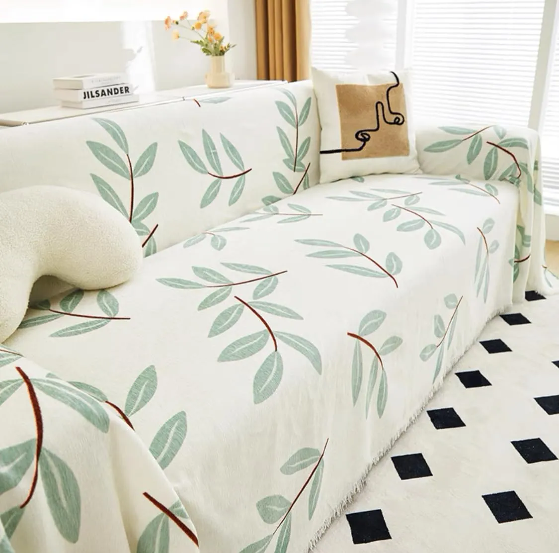 Lukzer Multi-Functional Chenille 2 Seater Sofa Throw Blanket with Fringes Thick and Super Soft Decorative Couch Cover Bed Protector (Green Easter Leaf/180X230cm)