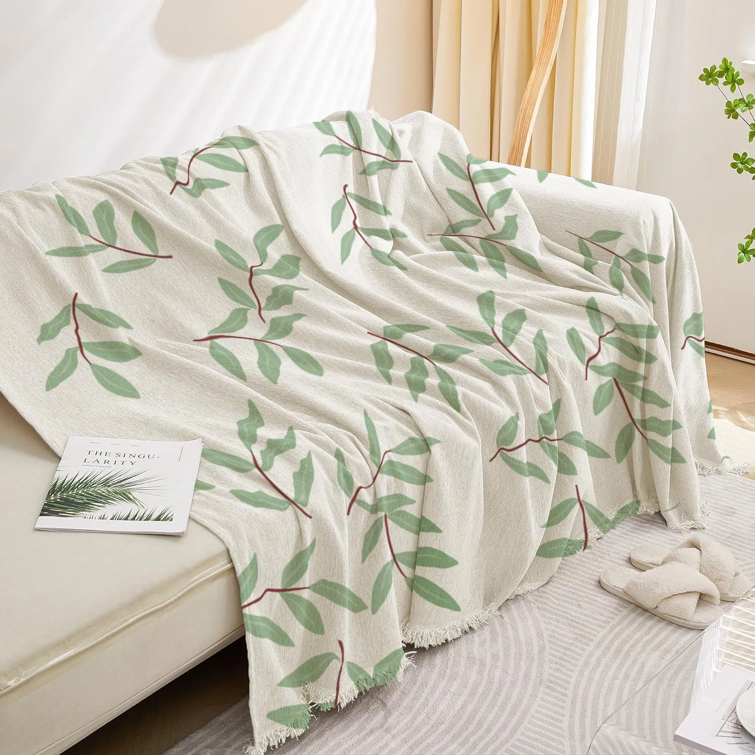 Lukzer Multi-Functional Chenille 2 Seater Sofa Throw Blanket with Fringes Thick and Super Soft Decorative Couch Cover Bed Protector (Green Easter Leaf/180X230cm)
