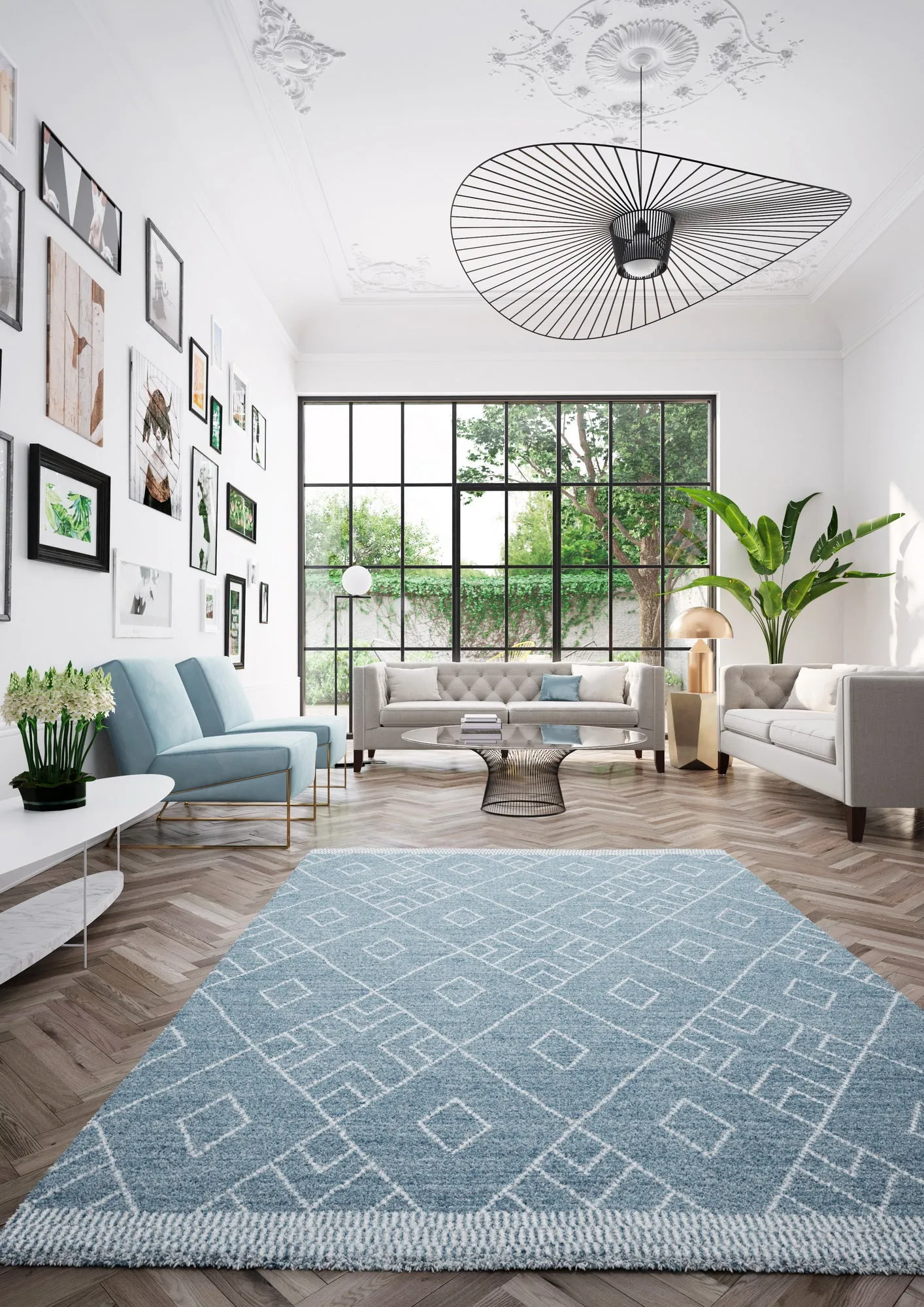 Marjan-Diamond/Rhombus Pattern Geometric Thick Soft Shaggy Rug (Blue/Ivory, 120x170xm)