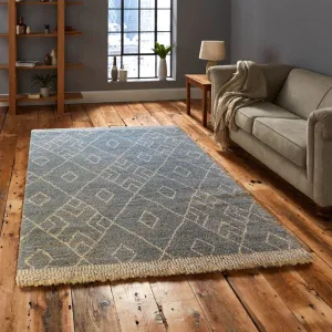 Marjan-Diamond/Rhombus Pattern Geometric Thick Soft Shaggy Rug (Blue/Ivory, 120x170xm)