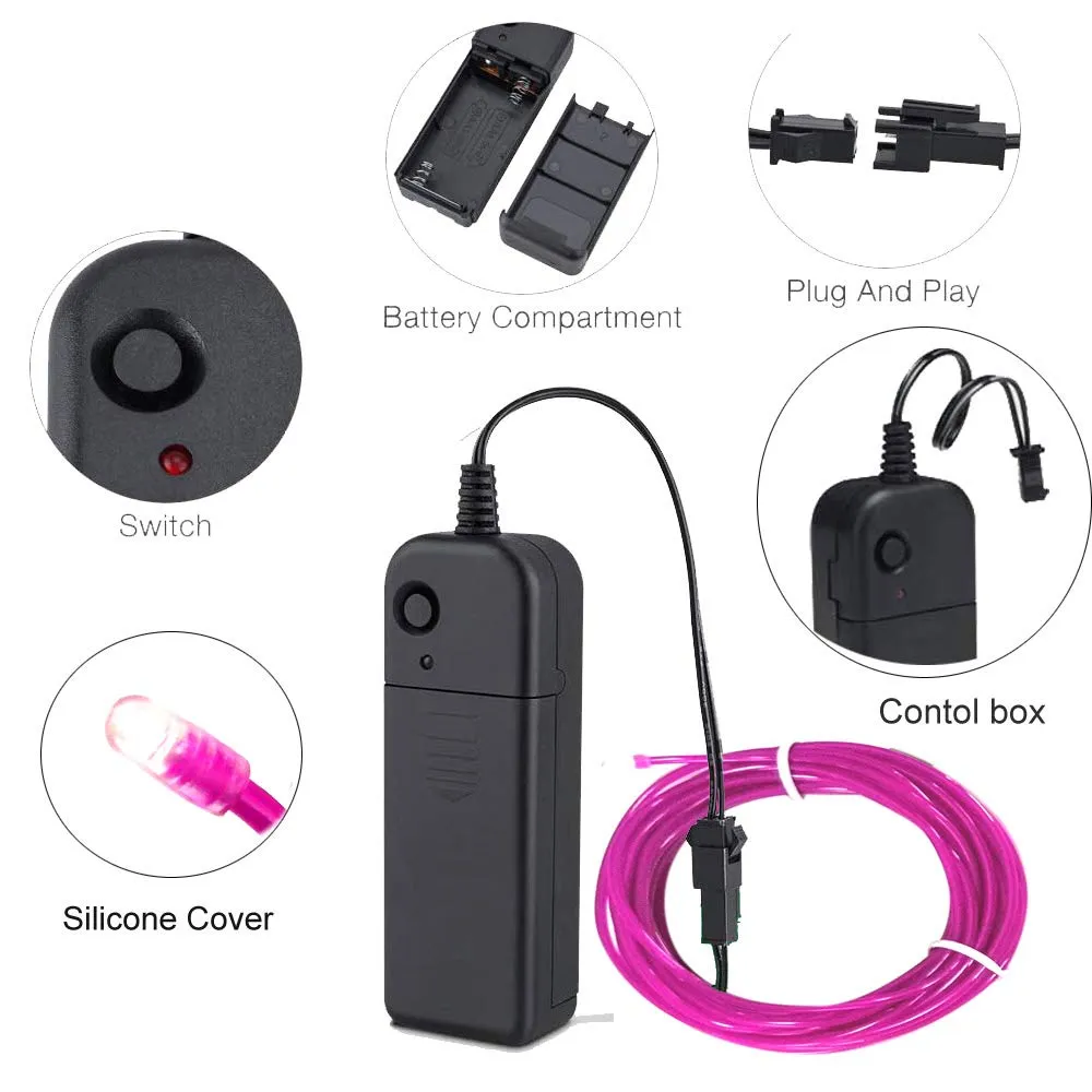 Purple El Wire Light with Battery Pack 9.8ft/3m Glowing Rope Lights for DIY Cutting Flash Electroluminescence El Wire