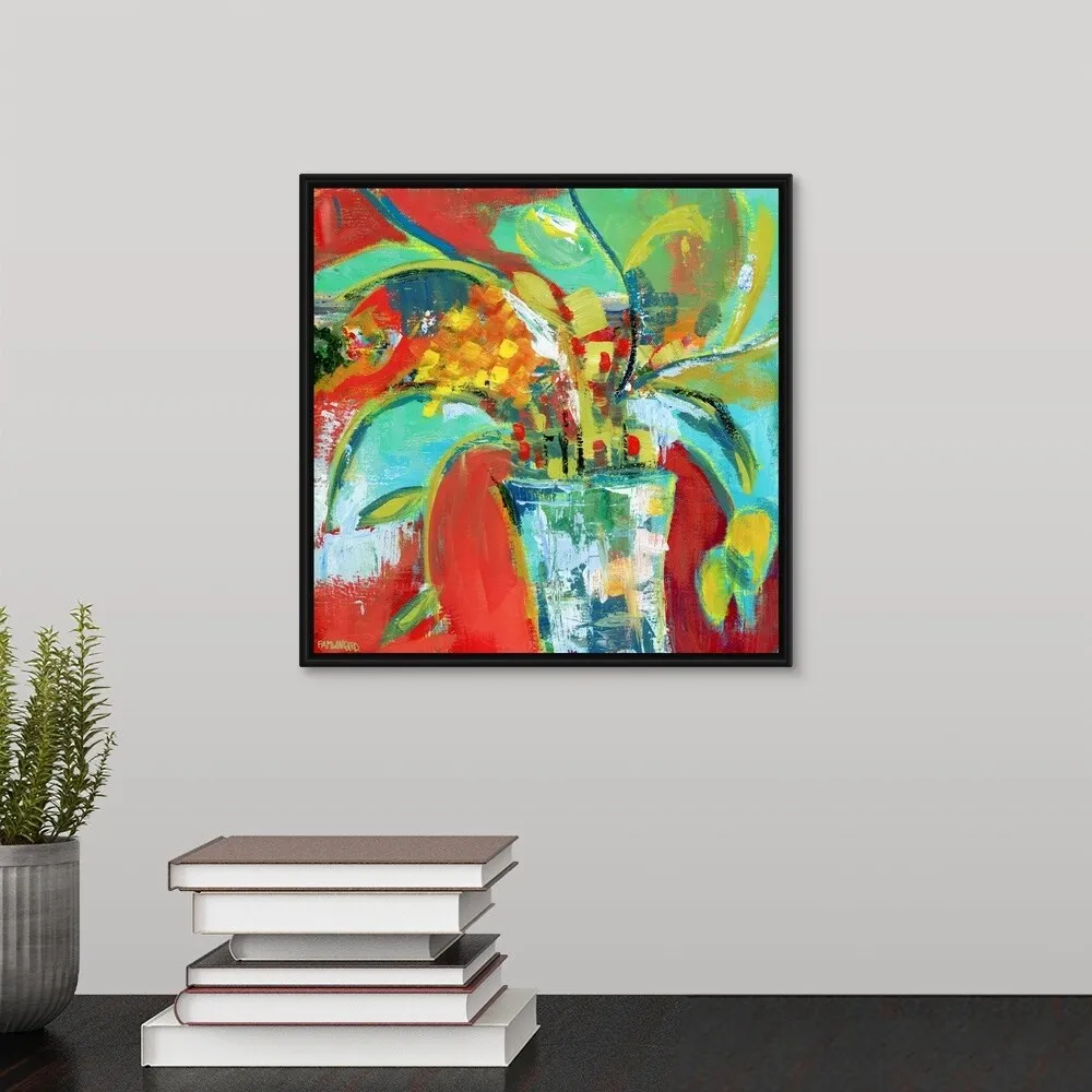 "Abstract Floral Red Aqua I" Black Float Frame Canvas Art