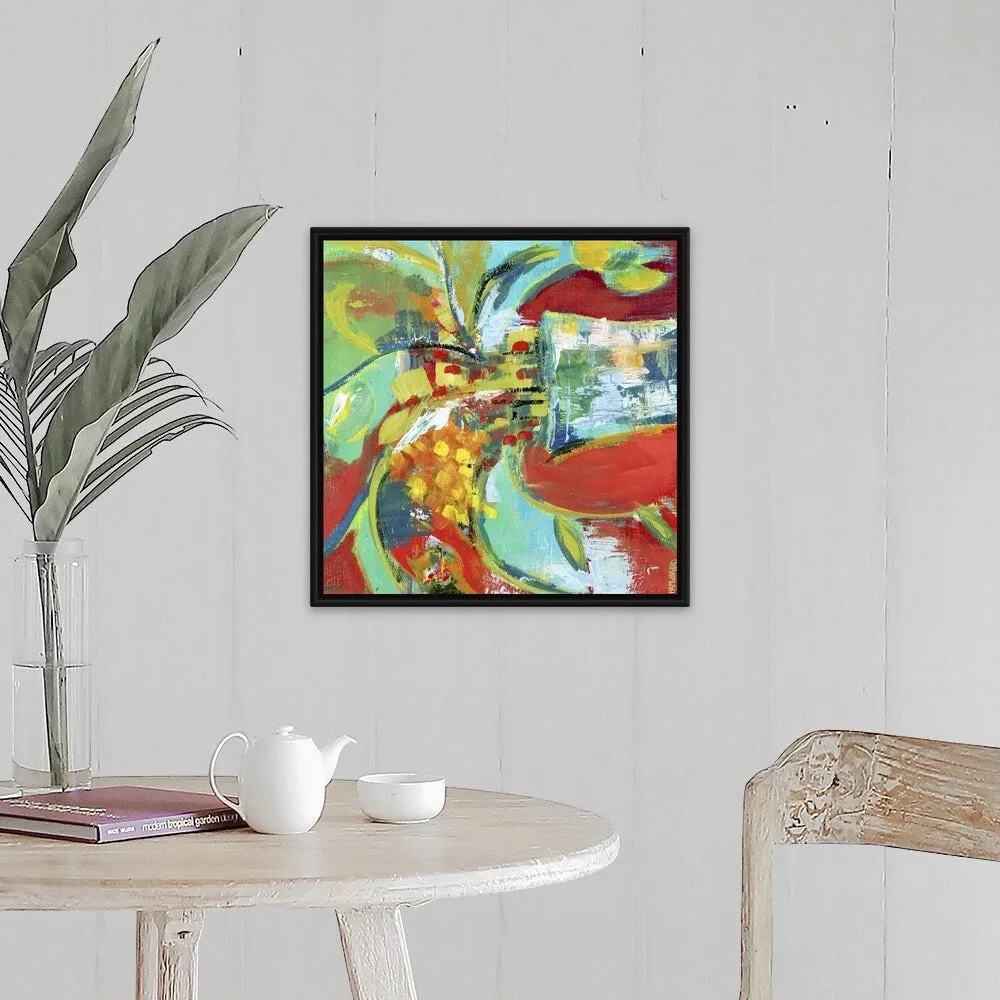 "Abstract Floral Red Aqua I" Black Float Frame Canvas Art
