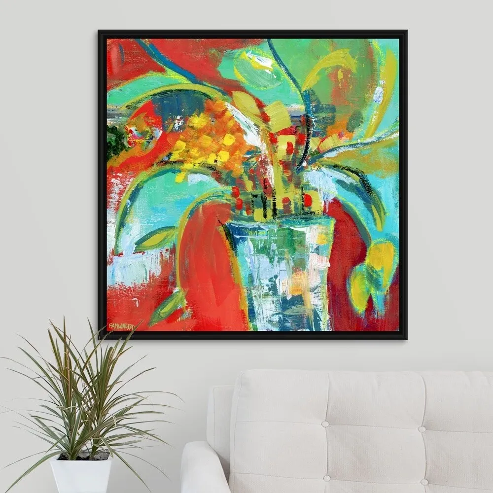 "Abstract Floral Red Aqua I" Black Float Frame Canvas Art