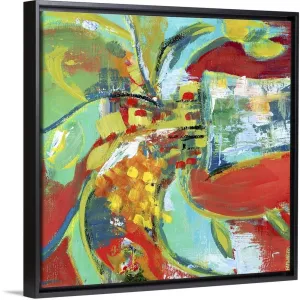 "Abstract Floral Red Aqua I" Black Float Frame Canvas Art
