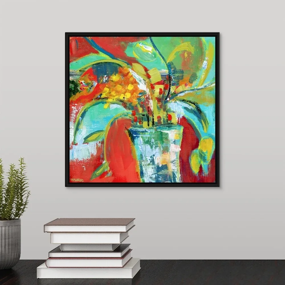 "Abstract Floral Red Aqua I" Black Float Frame Canvas Art