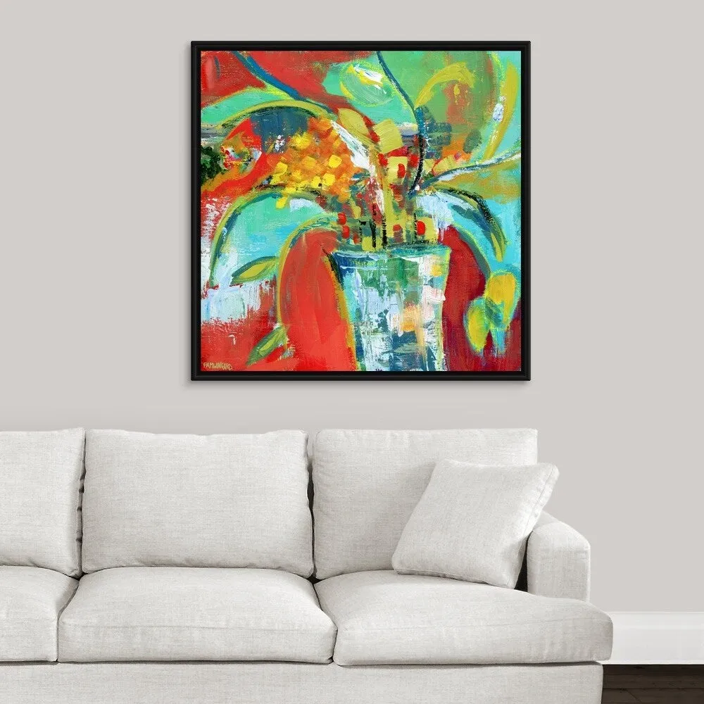 "Abstract Floral Red Aqua I" Black Float Frame Canvas Art