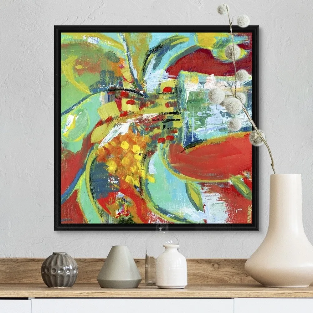 "Abstract Floral Red Aqua I" Black Float Frame Canvas Art