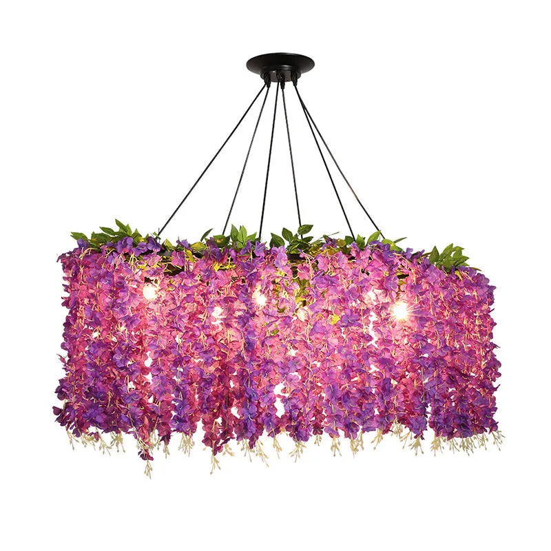 Retro Floral Metal Island Light Fixture â€“ 6-Bulb Pendant in Purple for Restaurants