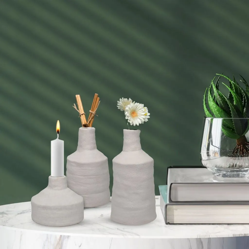Set of 3 Vintage White Ceramic Candle Holders | Rustic Candle Holder | Flower Vase | Ceramic Candle