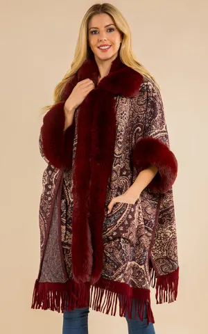 SH4221 Paisley Design Faux Fur Shawl Ruana w/Pocket