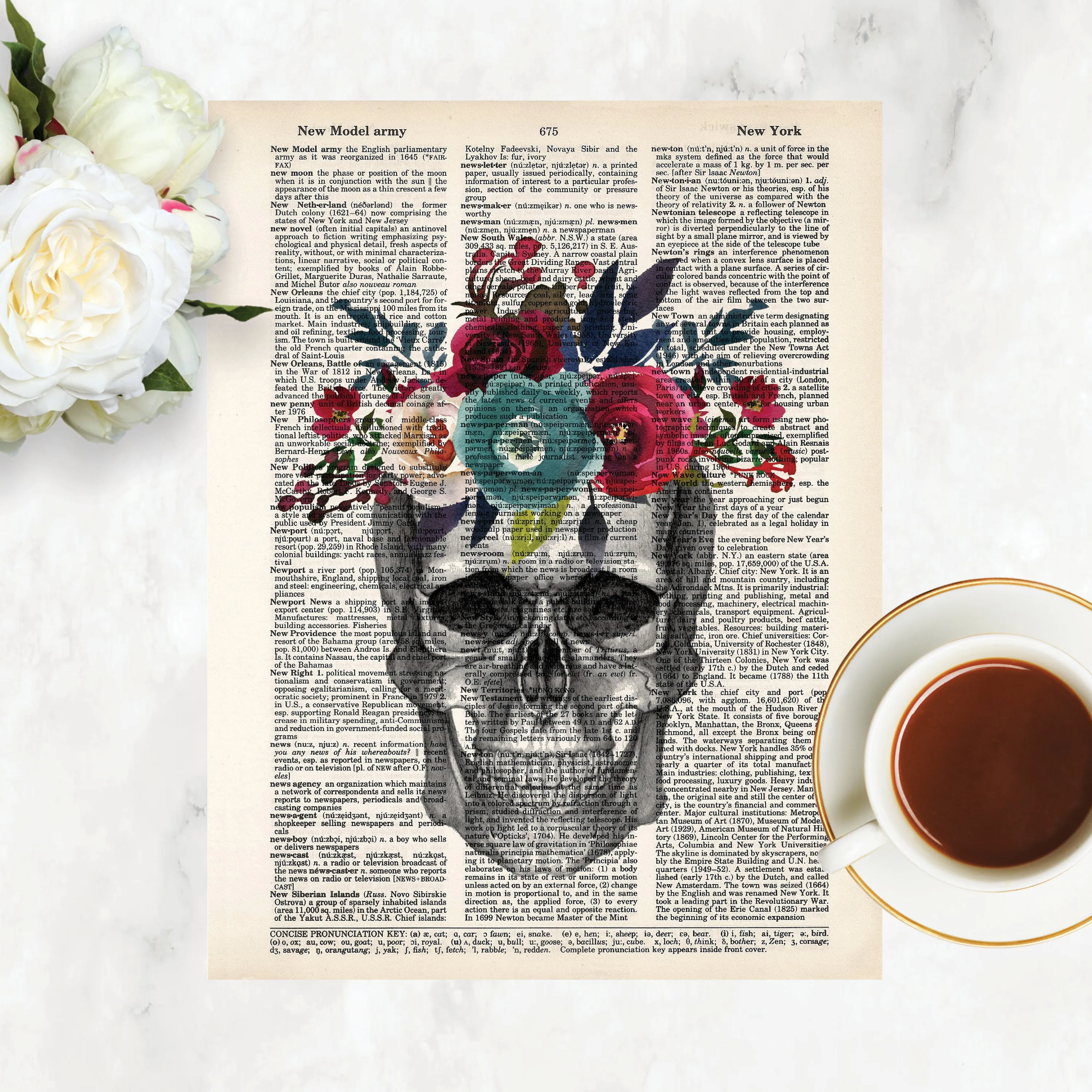 Skull Pencil Drawing with Watercolor Flowers in Berry and Blue colors