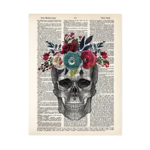 Skull Pencil Drawing with Watercolor Flowers in Berry and Blue colors