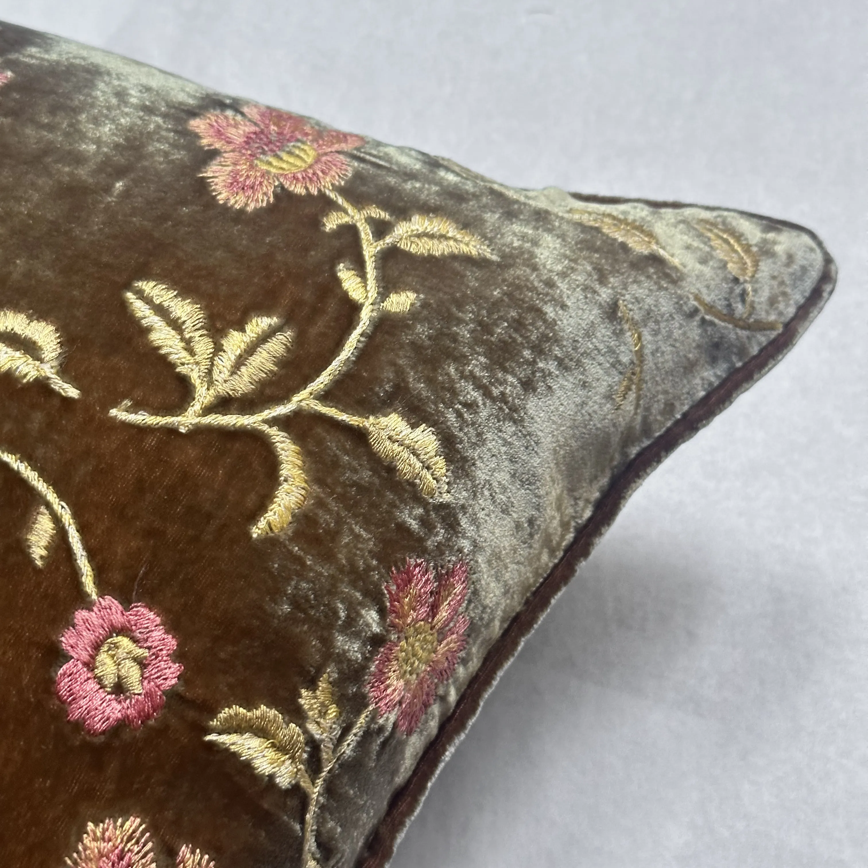Sweet Dreams Embroidered Silk Velvet Cushion in Light Brown
