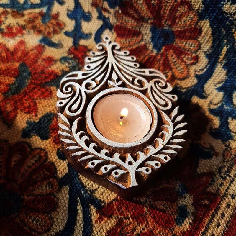 Tea Light Candle Holders Made From Hand Engraved Wooden Blocks | Leaf Shaped | Handmade In India