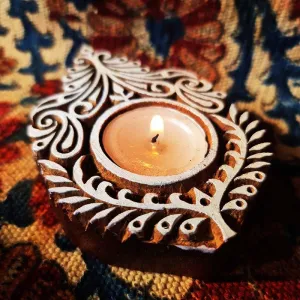 Tea Light Candle Holders Made From Hand Engraved Wooden Blocks | Leaf Shaped | Handmade In India