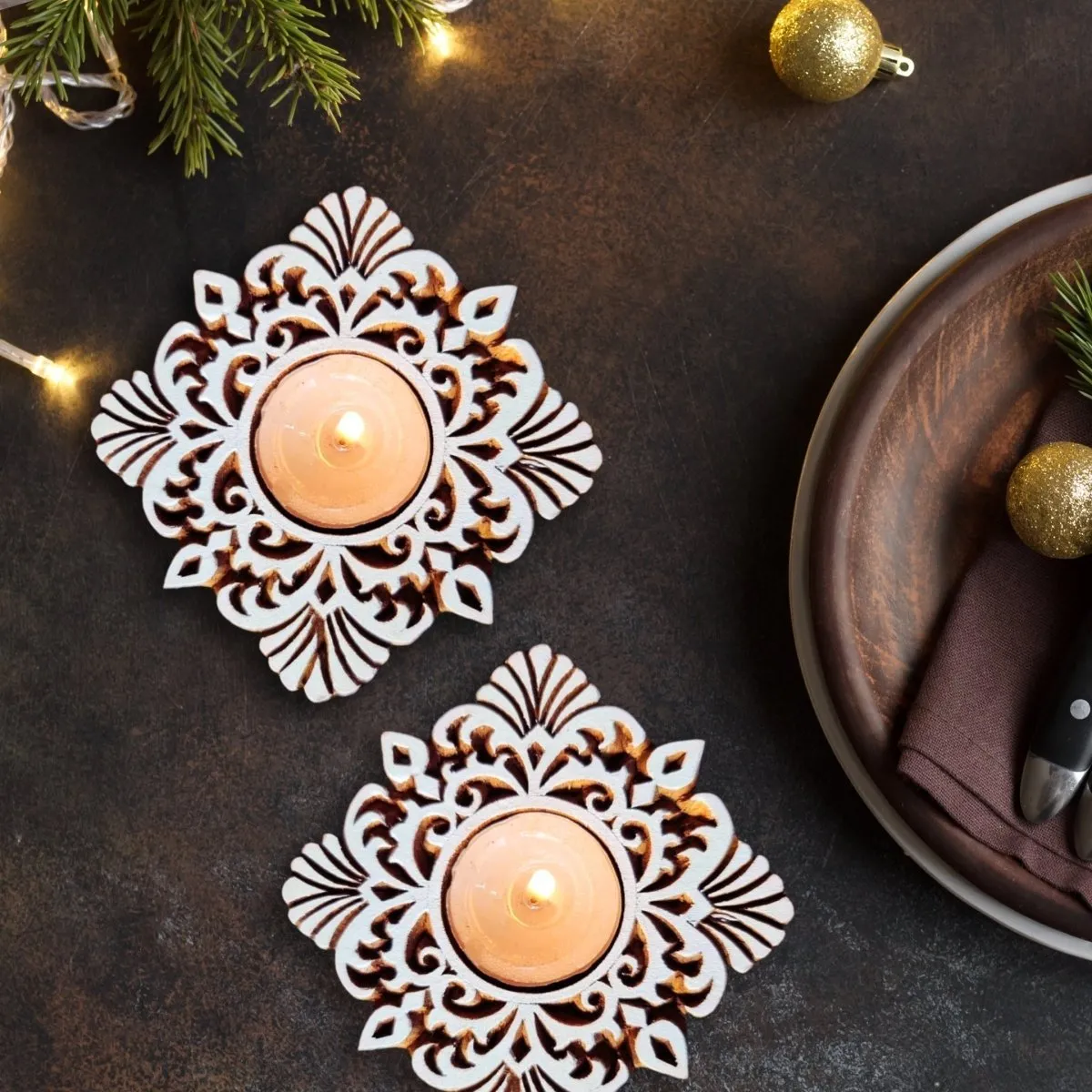 Tea Light Candle Holders Made From Hand Engraved Wooden Blocks | Square | Handmade In India