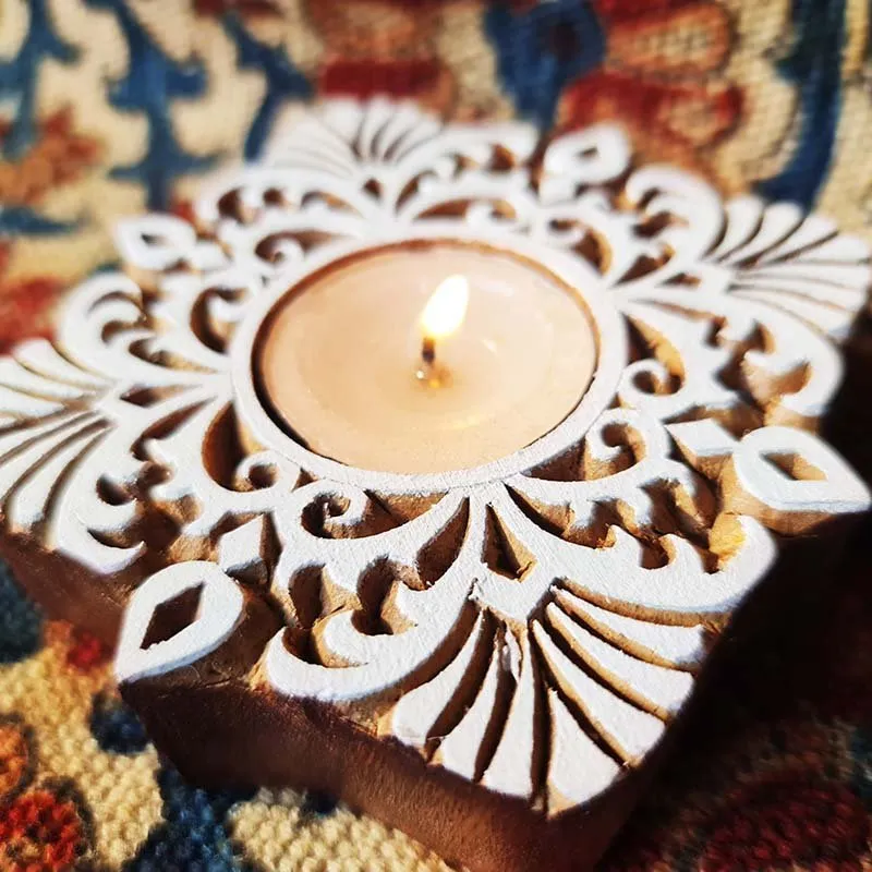 Tea Light Candle Holders Made From Hand Engraved Wooden Blocks | Square | Handmade In India