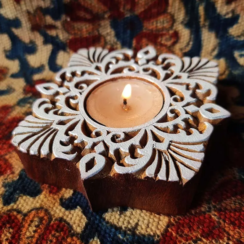 Tea Light Candle Holders Made From Hand Engraved Wooden Blocks | Square | Handmade In India