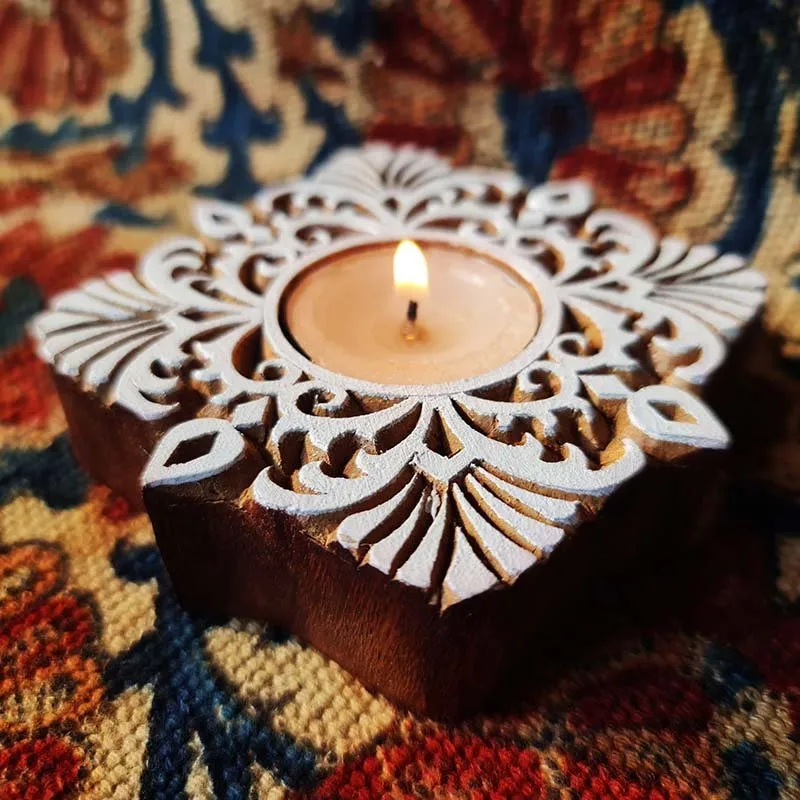 Tea Light Candle Holders Made From Hand Engraved Wooden Blocks | Square | Handmade In India