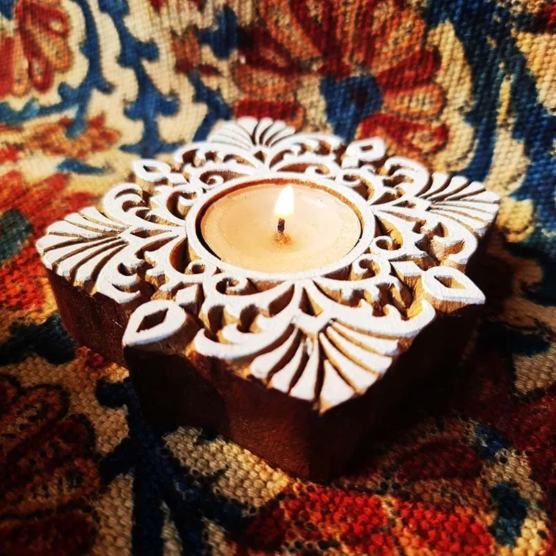 Tea Light Candle Holders Made From Hand Engraved Wooden Blocks | Square | Handmade In India
