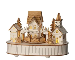 Three Kings 15cm Wooden Village with Train, Trees & Villagers - LED Lights & Music